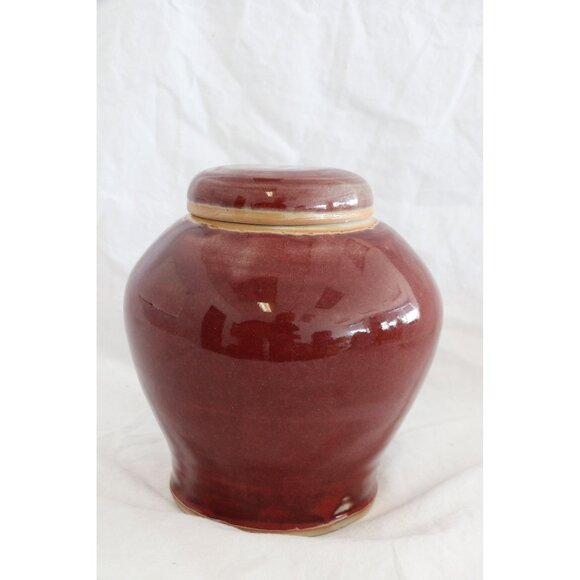 Vintage Ginger Pot With Lid Ceramic Handmade Pottery Hand Glazed Reddish Signed - Picture 1 of 10